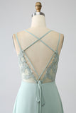 Matcha A-Line Spaghetti stropper Backless plissert Long brudepike kjole