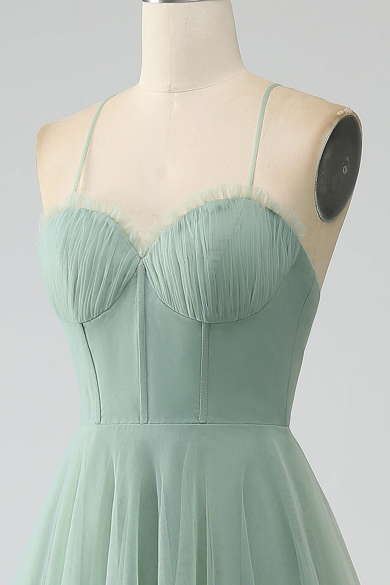 Load image into Gallery viewer, Matcha A-Line Spaghetti stropper Te-lengde korsett tyll brudepike kjole