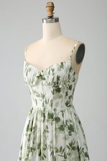 Grønn A-linje spaghetti stropper trykt plissert lang ball kjole med spalt