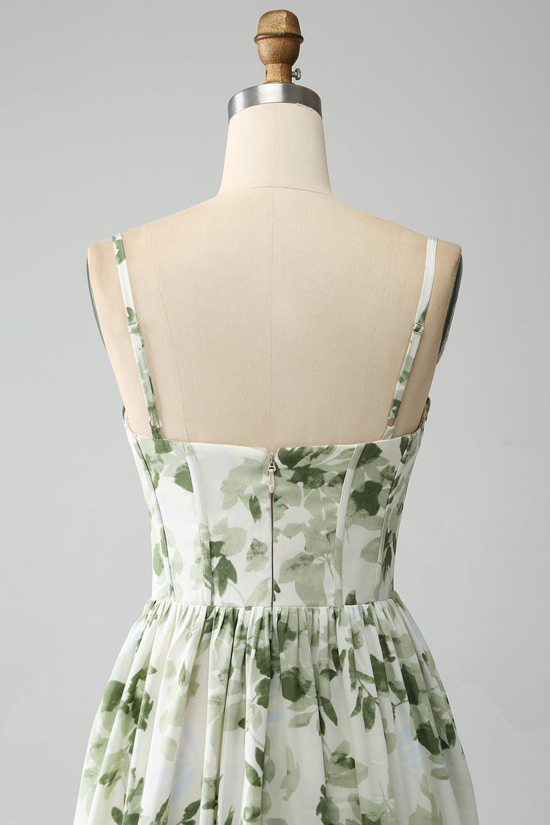 Load image into Gallery viewer, Grønn A-linje spaghetti stropper trykt plissert lang ball kjole med spalt