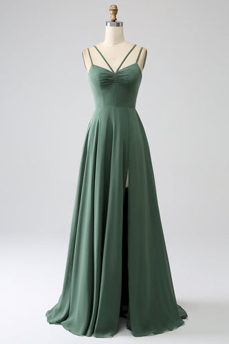 Eukalyptus A-linje spaghetti stropper ryggløs plissert lang brudepike kjole