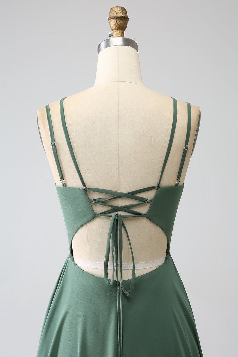 Load image into Gallery viewer, Eukalyptus A-linje spaghetti stropper ryggløs plissert lang brudepike kjole