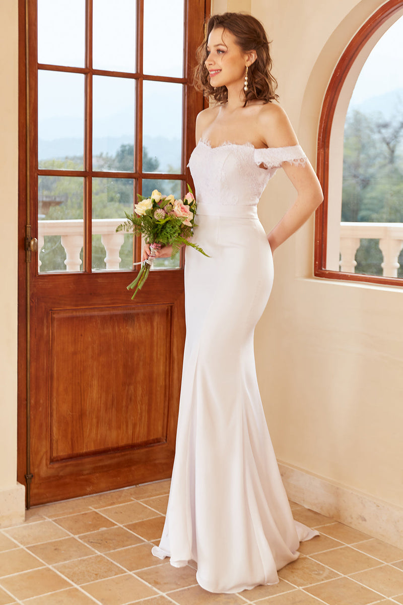 Load image into Gallery viewer, havfrue av skulderen hvit brudekjole med blonder