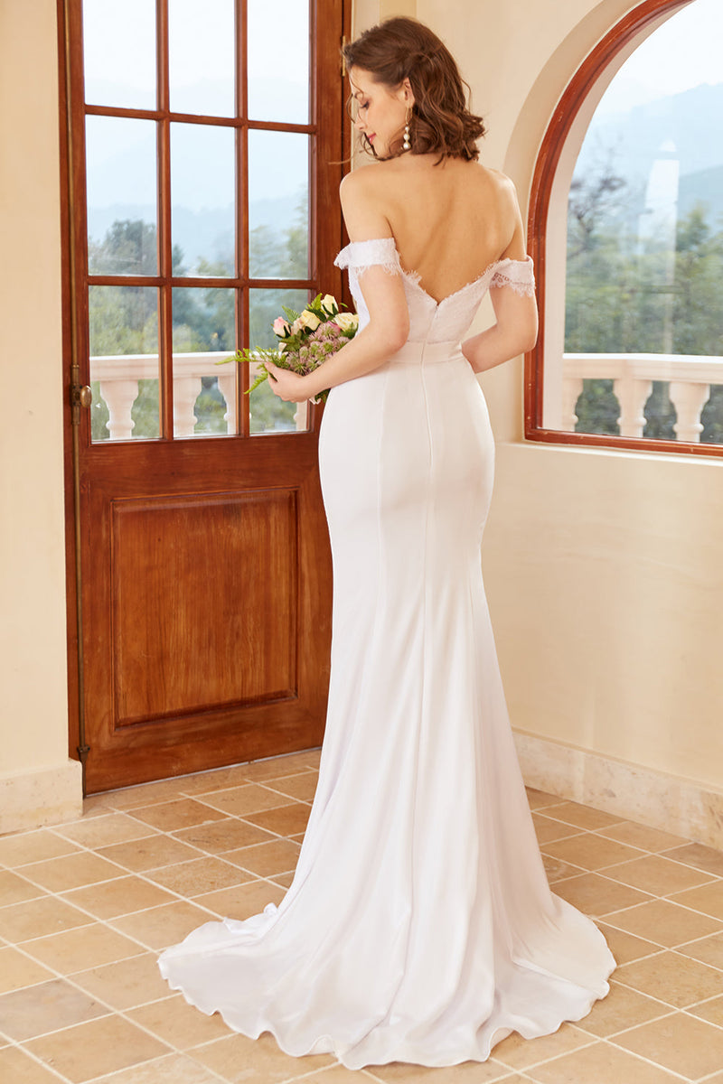 Load image into Gallery viewer, havfrue av skulderen hvit brudekjole med blonder