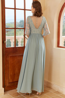 blå lang chiffon brudepike kjole med ermer