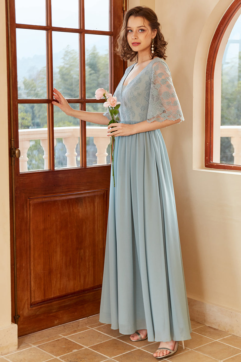 Load image into Gallery viewer, blå lang chiffon brudepike kjole med ermer