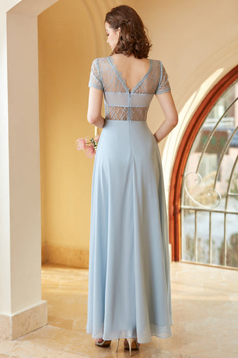 lang chiffon blå brudepike kjole med ermer