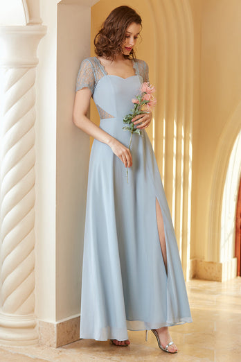 lang chiffon blå brudepike kjole med ermer