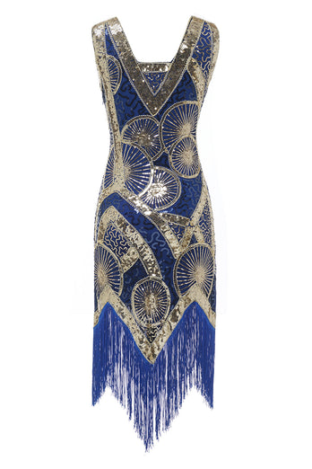 blå paljetter frynser 1920-tallet kjole