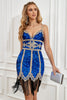 Load image into Gallery viewer, royal blå paljett hjemkomst kjole med fringers
