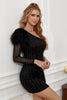 Load image into Gallery viewer, svart paljetter tett homecoming kjole med fjær