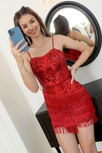 rød paljett montert homecoming kjole med frynser