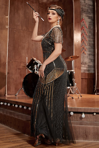 svart og gull paljett lang 1920-tallet Gatsby kjole med paljetter
