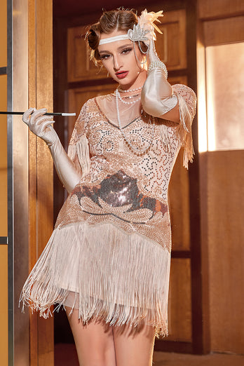 Rose Golden Bateau Neck 1920-tallet Gatsby Kjole Med Frynser