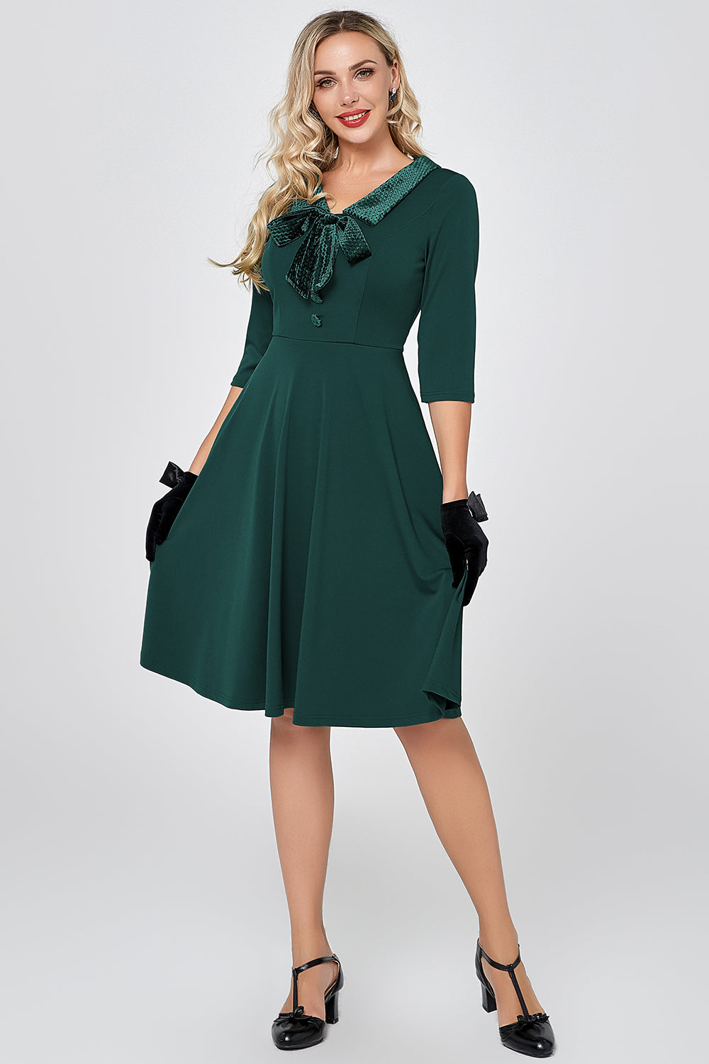 Mørkegrønn 3/4 ermer Vintage kjole