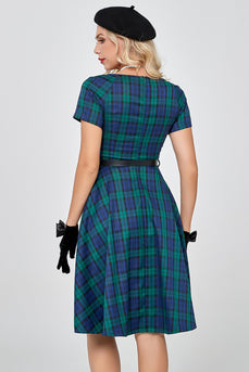 Mørkegrønne kortermer 1950-talls rutete kjole