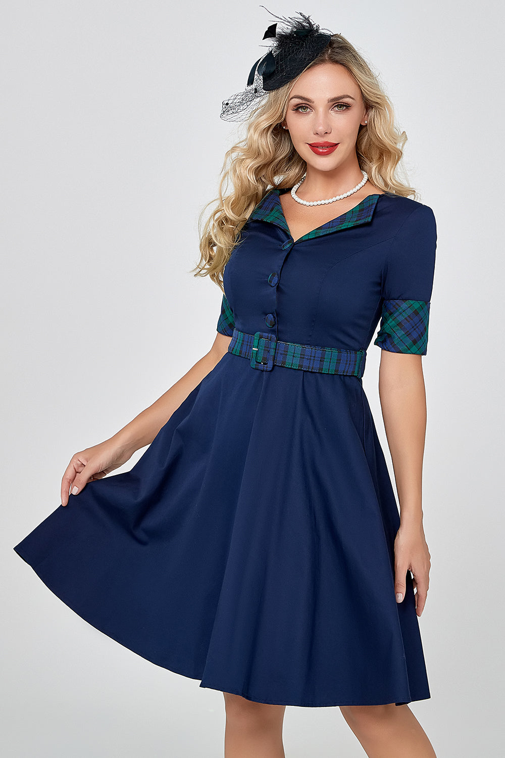 Navy Green Plaid 1950-talls kjole med ermer