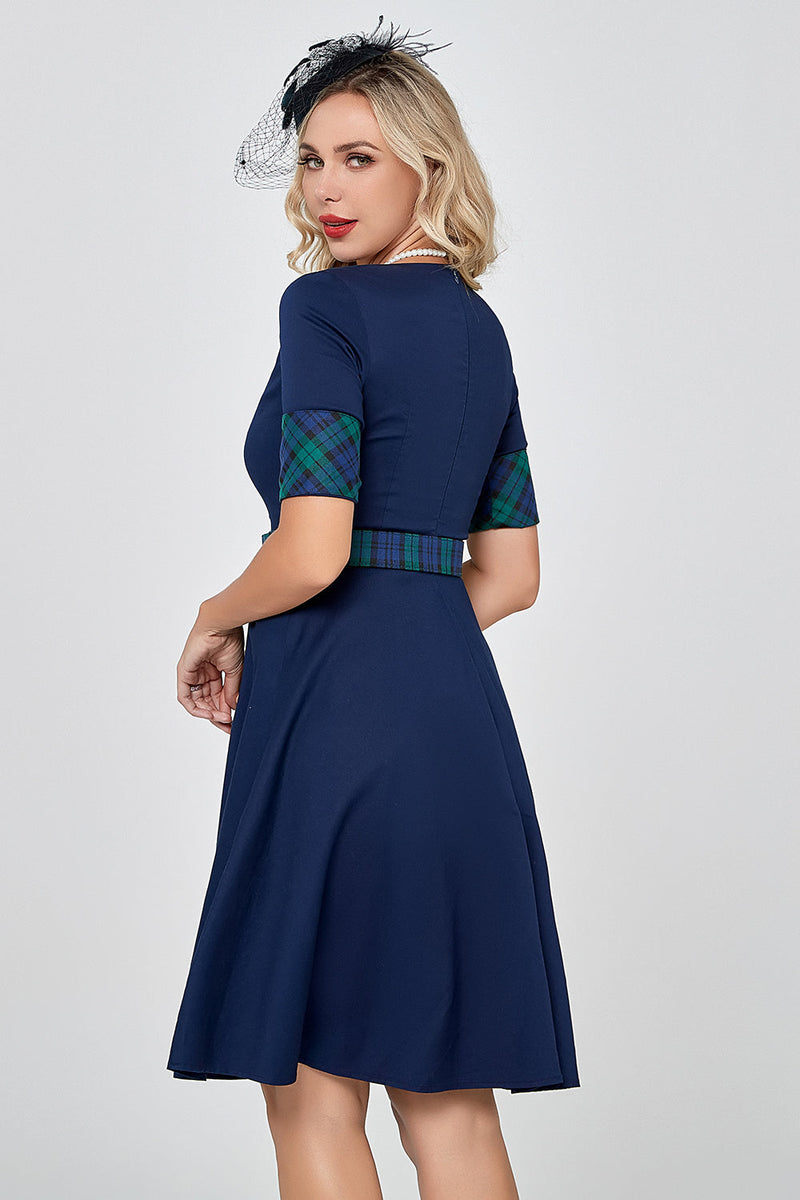 Load image into Gallery viewer, Navy Green Plaid 1950-talls kjole med ermer