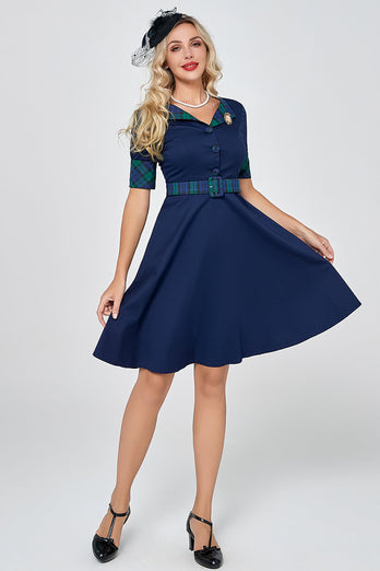 Navy Green Plaid 1950-talls kjole med ermer