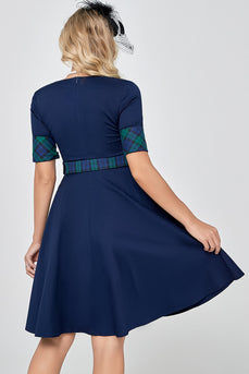 Navy Green Plaid 1950-talls kjole med ermer