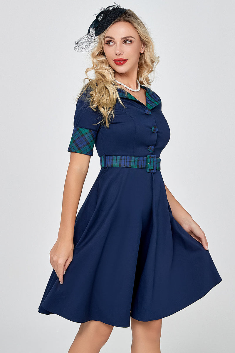 Load image into Gallery viewer, Navy Green Plaid 1950-talls kjole med ermer