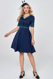 Navy Green Plaid 1950-talls kjole med ermer