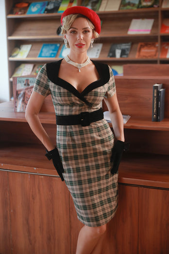 Khaki Plaid 1960-talls vintagekjole med belte