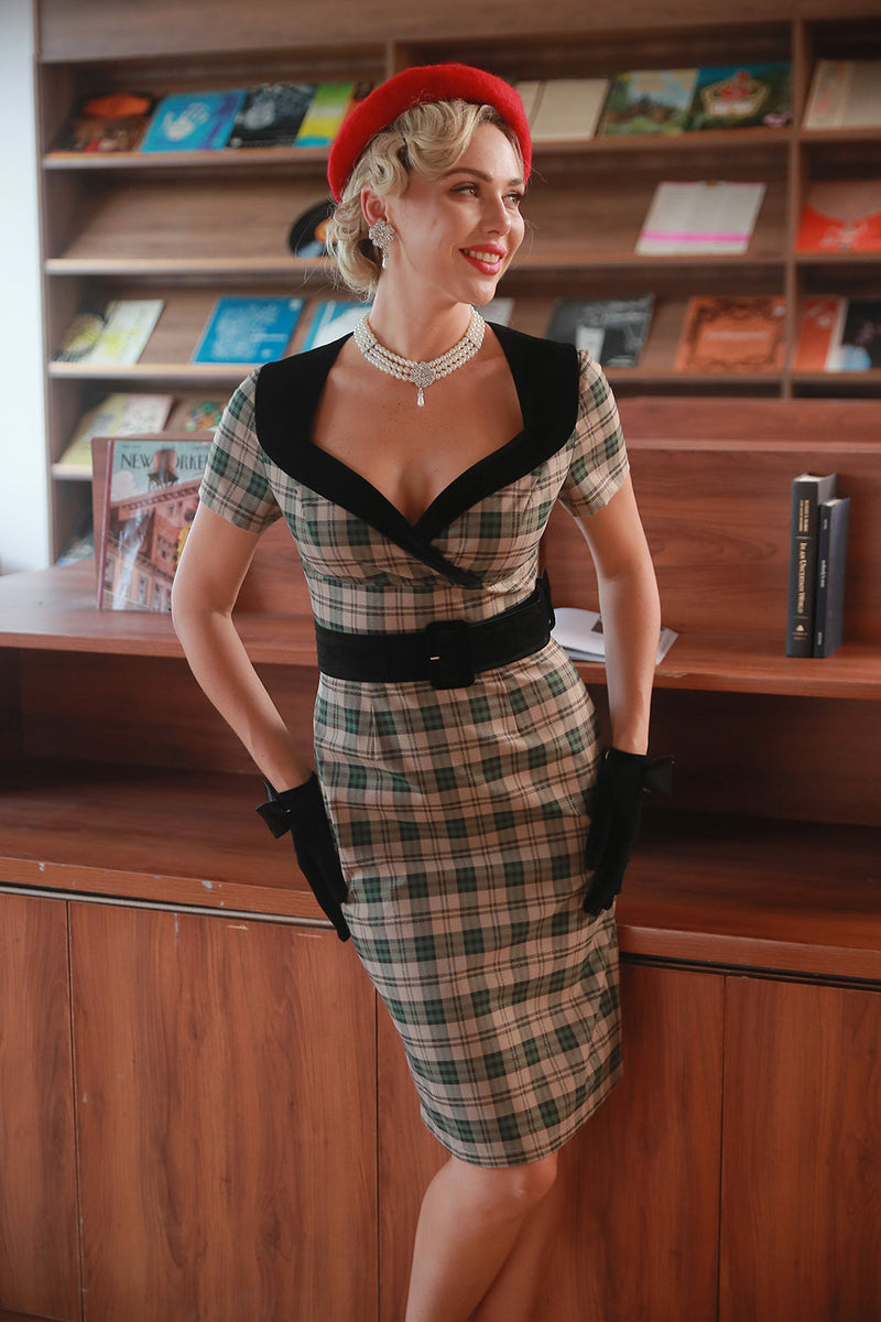 Load image into Gallery viewer, Khaki Plaid 1960-talls vintagekjole med belte