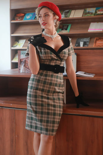 Khaki Plaid 1960-talls vintagekjole med belte