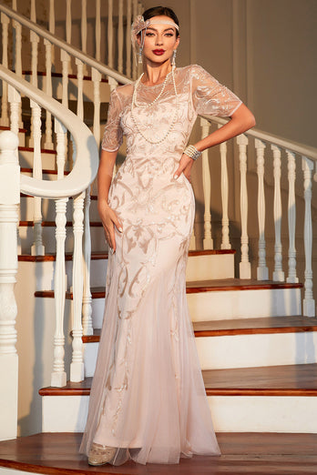 Lange flapperkjoler 1920-tallets perlet flott Gatsby-kjole med korte ermer
