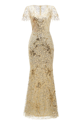 Gylne V-hals korte ermer Lang kjole fra 1920-tallet