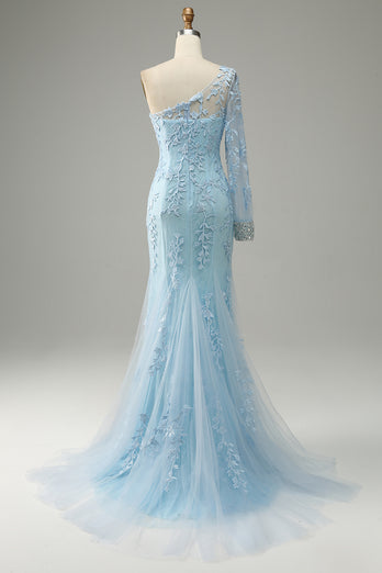 Sky Blue One Shoulder Mermaid Prom kjole med Appliques