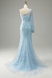 Sky Blue One Shoulder Mermaid Prom kjole med Appliques