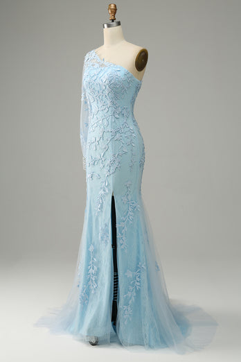 Sky Blue One Shoulder Mermaid Prom kjole med Appliques