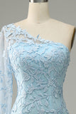 Sky Blue One Shoulder Mermaid Prom kjole med Appliques