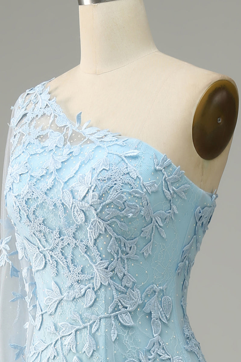 Load image into Gallery viewer, Sky Blue One Shoulder Mermaid Prom kjole med Appliques