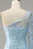 Sky Blue One Shoulder Mermaid Prom kjole med Appliques