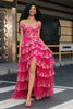 Load image into Gallery viewer, Trendy en linje av skulderen Fuchsia korsett Prom kjole med delt front