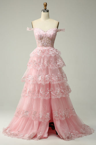 Princess A Line Off the Shoulder Pink Long Prom kjole med Appliques