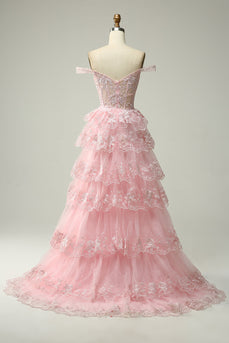 Princess A Line Off the Shoulder Pink Long Prom kjole med Appliques
