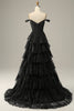 Load image into Gallery viewer, Langt utenfor skulderen Black Tiered Prom Dress