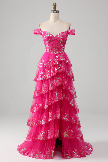Prinsesse En linje av skulderen Svart rosa lang ballkjole med lagdelt blonder