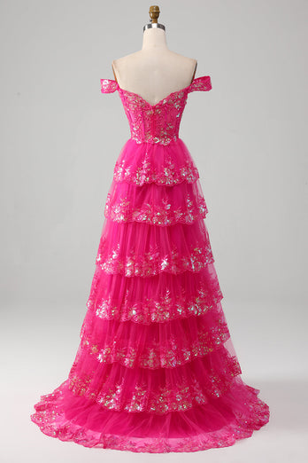 Prinsesse En linje av skulderen Svart rosa lang ballkjole med lagdelt blonder