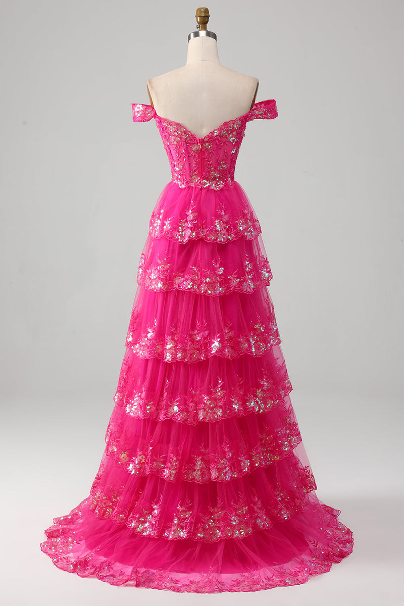 Load image into Gallery viewer, Prinsesse En linje av skulderen Svart rosa lang ballkjole med lagdelt blonder