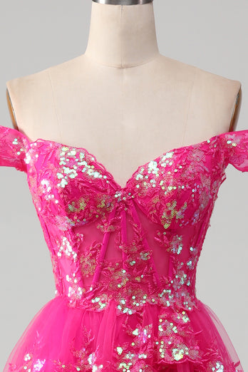 Av skulderen Fuchsia Prom kjole med paljetter