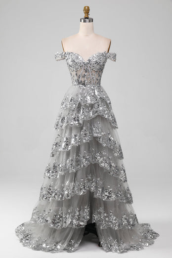 Off the Shoulder Grey Sparkly Tiered Prom Dress med Slit