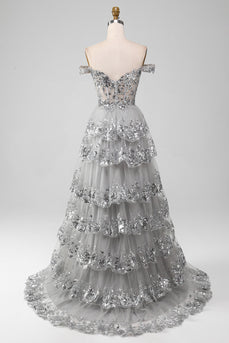 Off the Shoulder Grey Sparkly Tiered Prom Dress med Slit