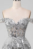 Load image into Gallery viewer, Off the Shoulder Grey Sparkly Tiered Prom Dress med Slit