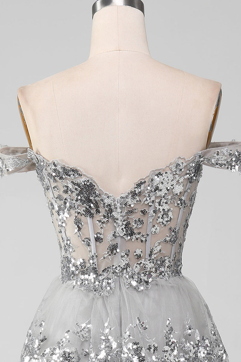 Load image into Gallery viewer, Off the Shoulder Grey Sparkly Tiered Prom Dress med Slit