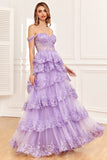 Trendy en linje av skulderen Fuchsia korsett Prom kjole med delt front